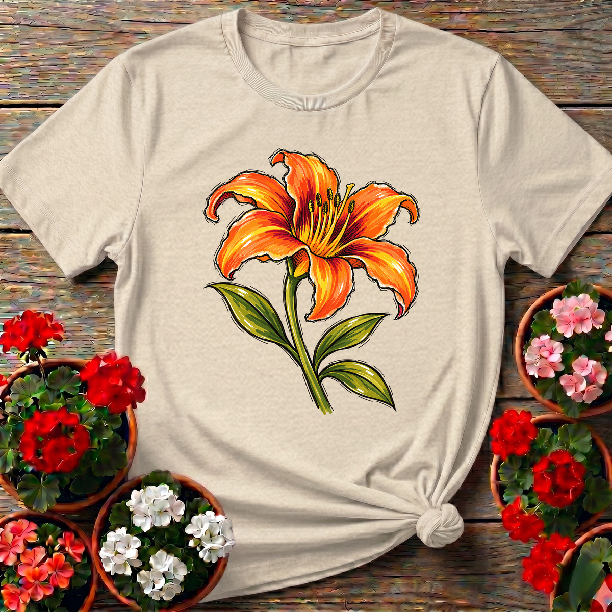 Orange Lily Marker Sketch Gardening T-Shirt