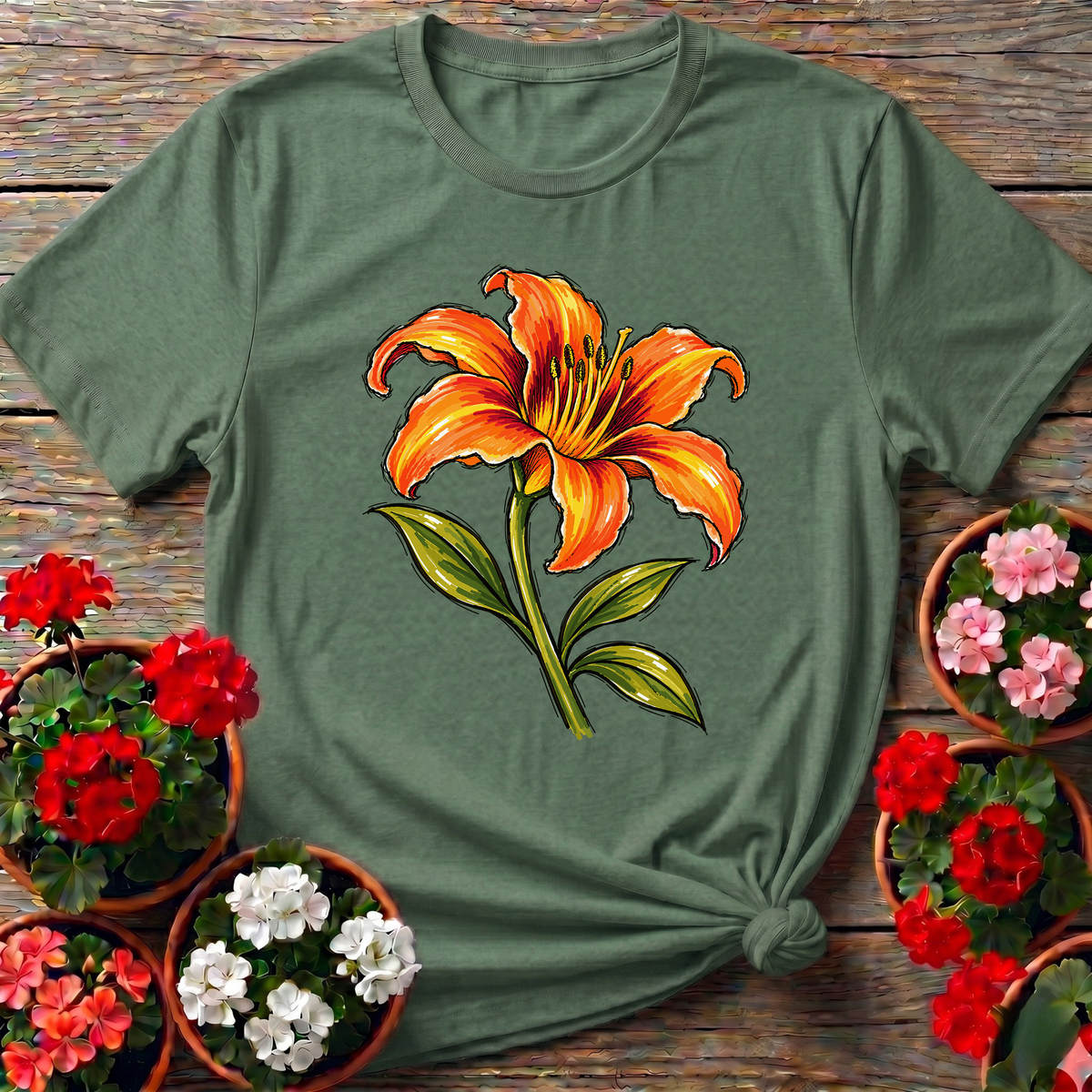 Orange Lily Marker Sketch Gardening T-Shirt
