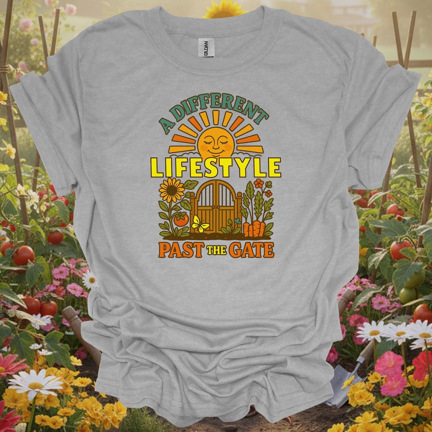 Sport Grey tee showing a different lifestyle past the gate retro for garden hobbyists