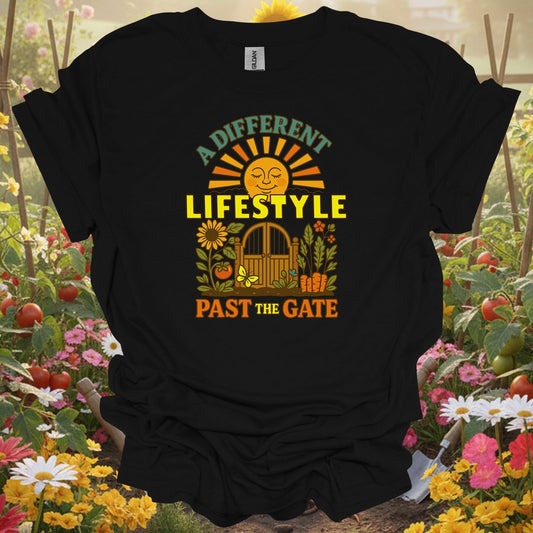 Black tshirt showing a different lifestyle past the gate retro for gardening enthusiasts