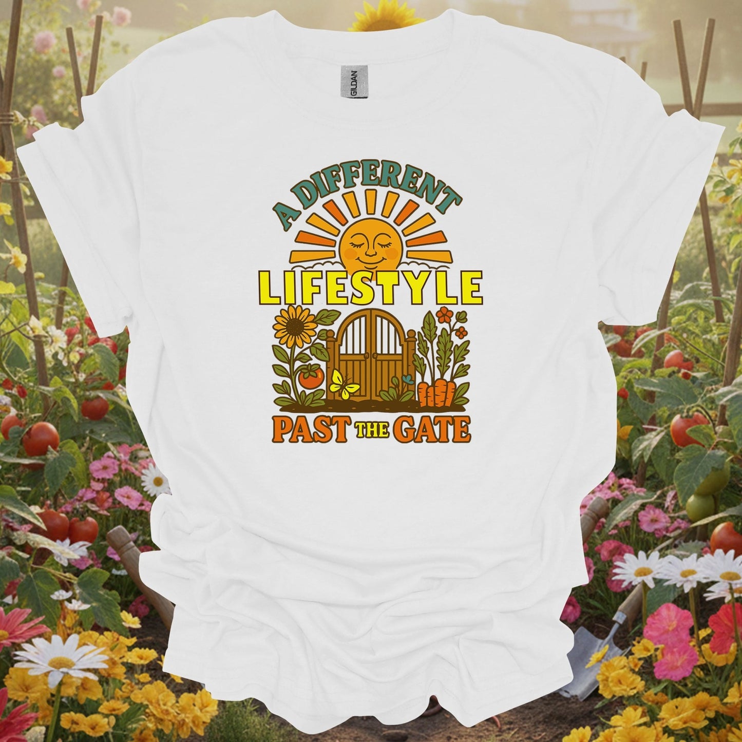 White shirt showing a different lifestyle past the gate retro for outdoor enthusiasts