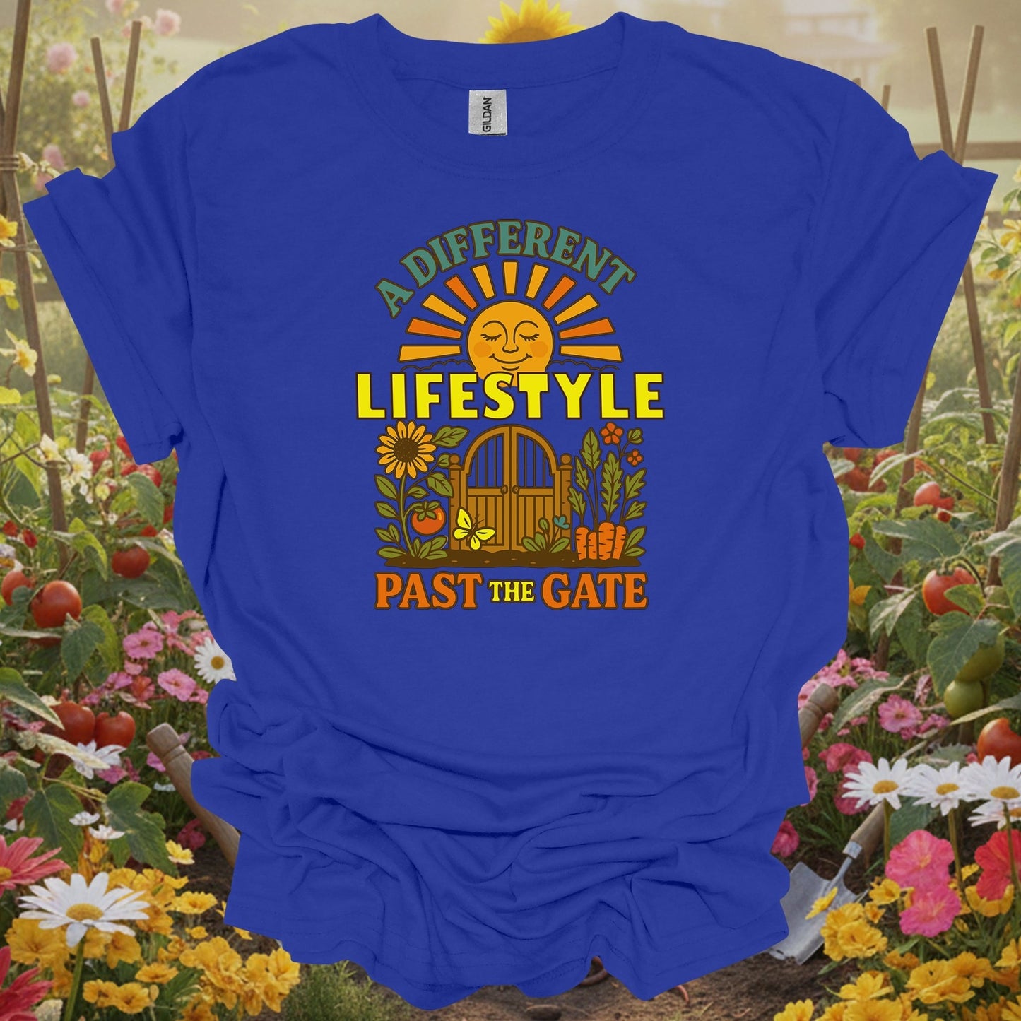 Royal tshirt showing a different lifestyle past the gate retro for backyard growers