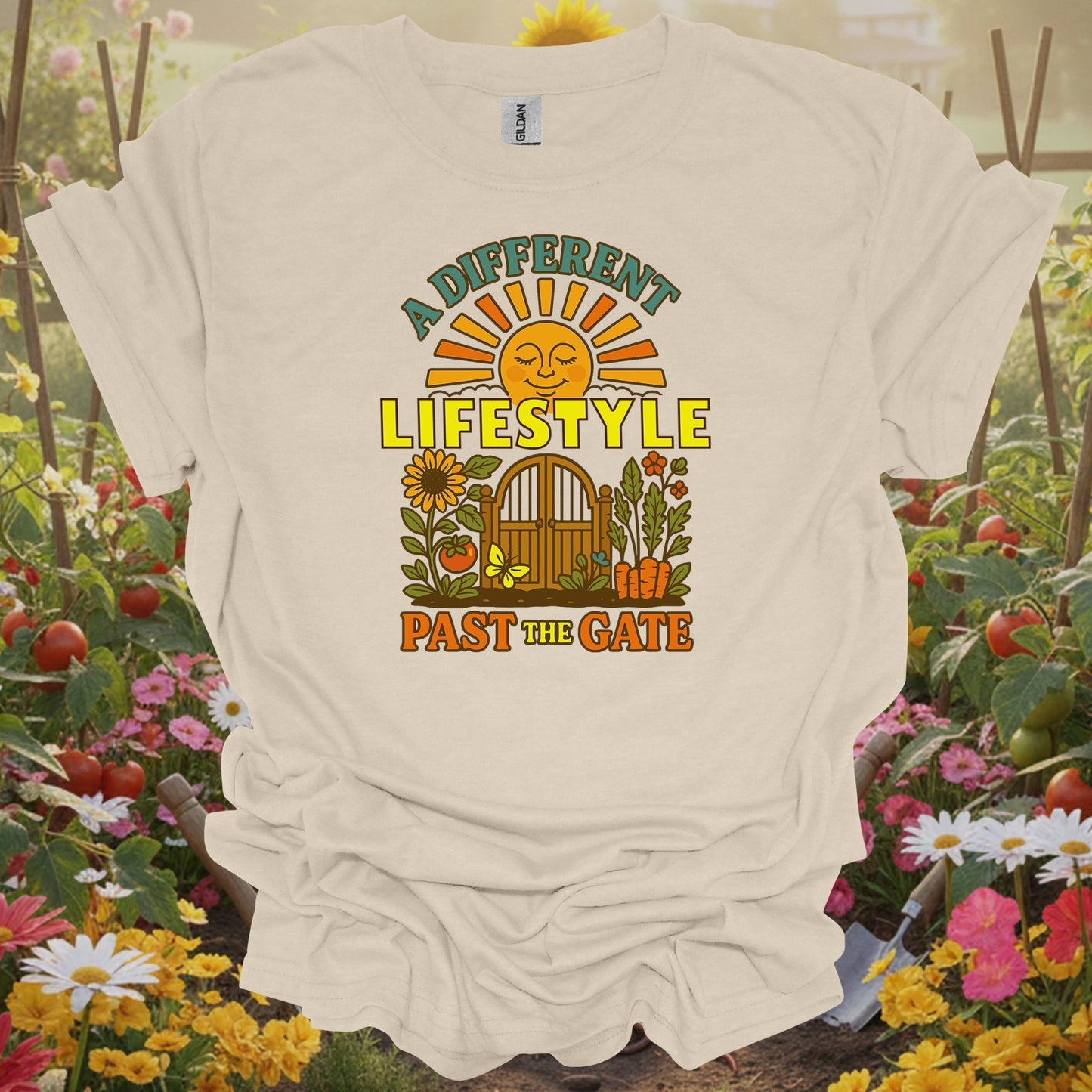 Natural tshirt showing a different lifestyle past the gate retro for people who love plants