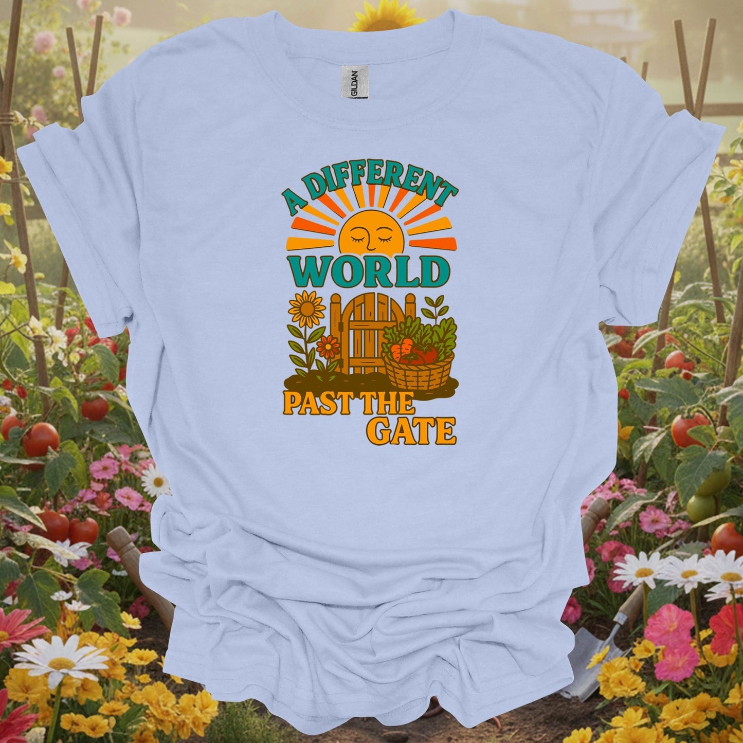 Light Blue shirt showing vintage a different world past the gate sanctuary for classic garden lovers