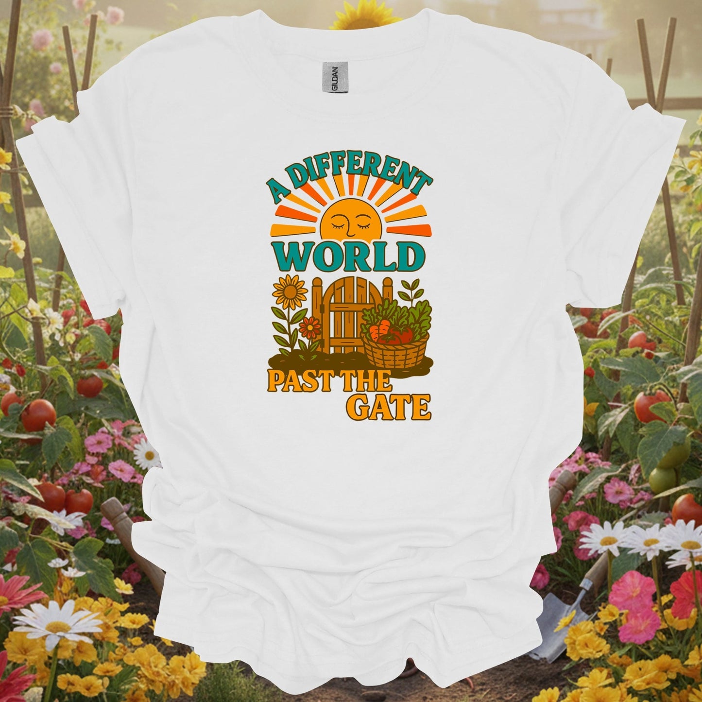 White tee showing vintage a different world past the gate sanctuary for traditional growers