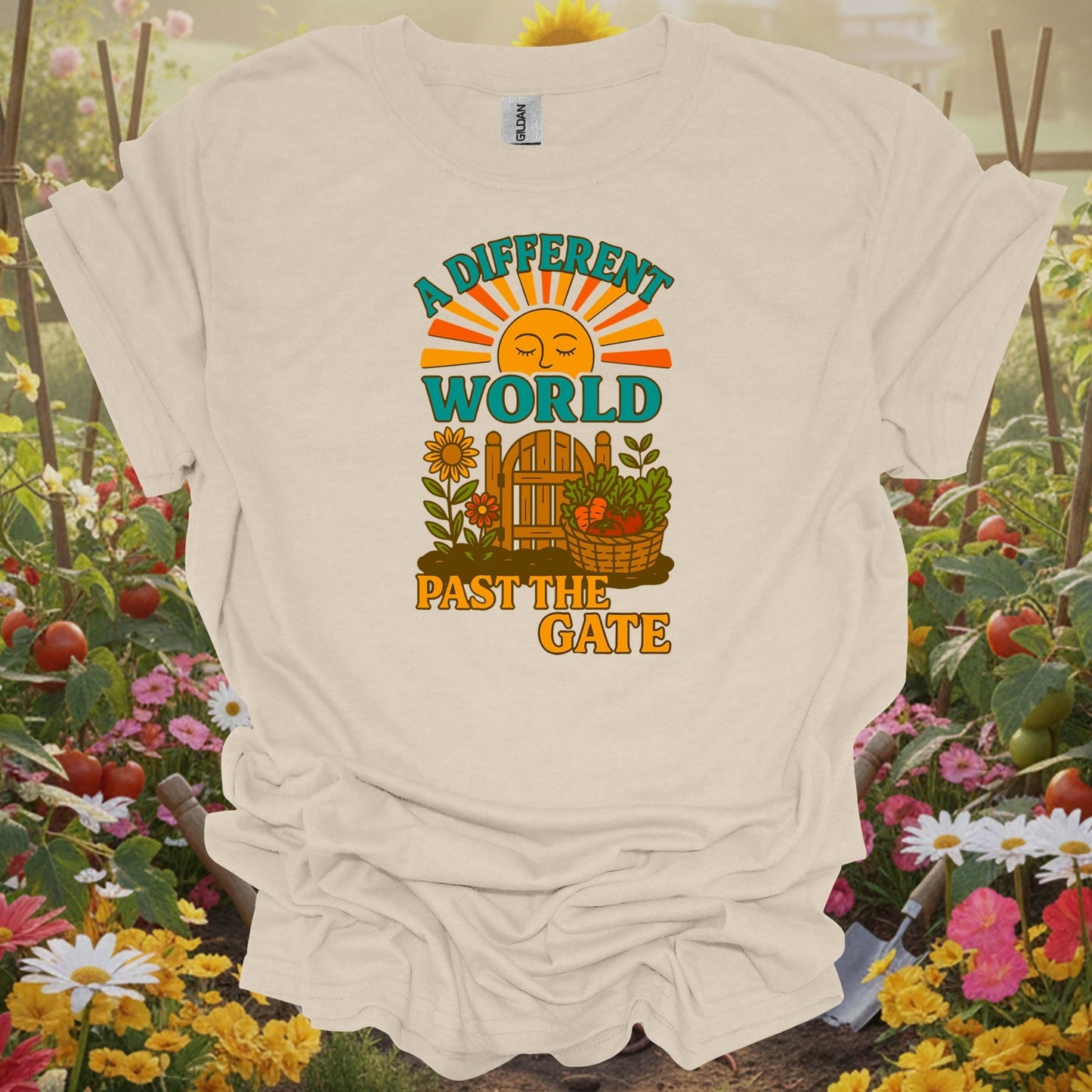 Natural  tshirt showing vintage a different world past the gate sanctuary for folks with vintage taste