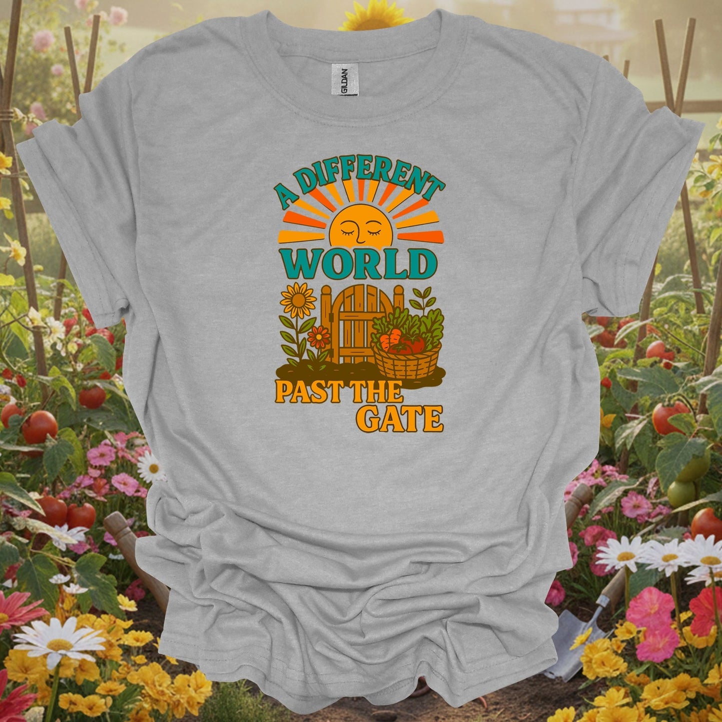 Sport gray tshirt showing vintage a different world past the gate sanctuary for people who love retro aesthetics