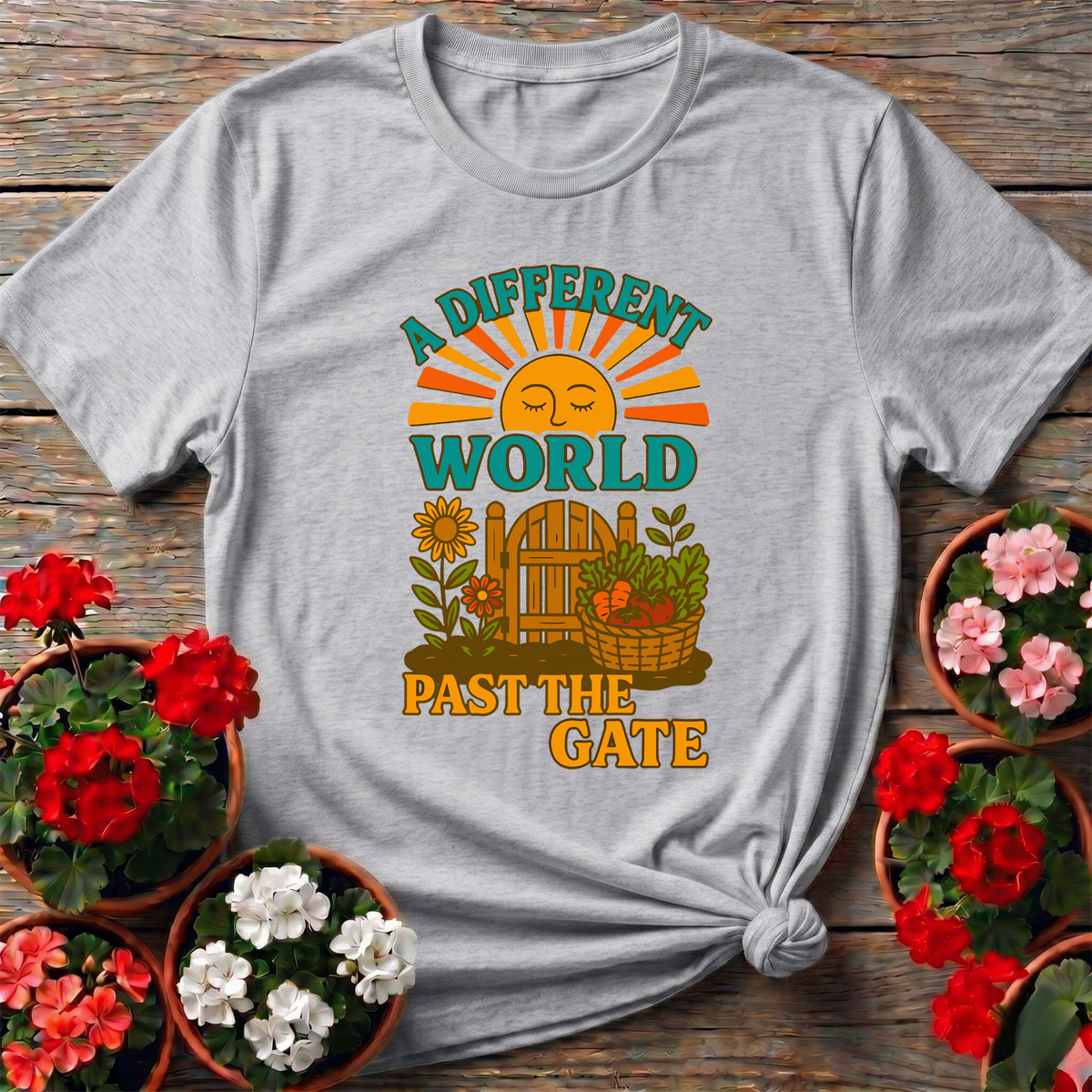 A Different World Past The Gate Vintage Garden Sanctuary Tee - GardeningTshirts