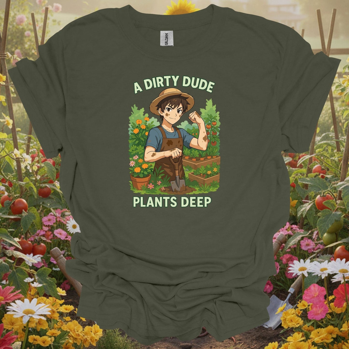 Military Green gardening shirt with anime vegetable gardener digging deep for vegetable gardeners, homesteaders, dirty hands garden crew