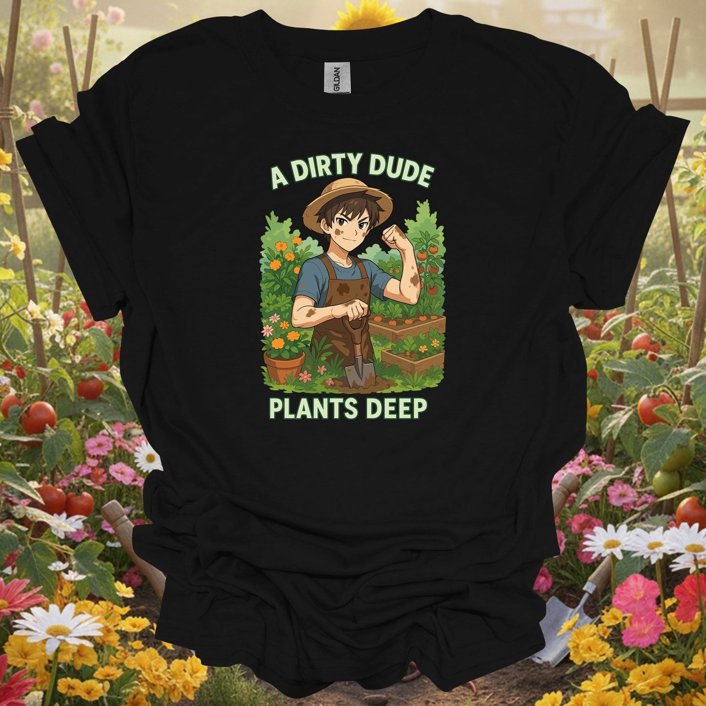 Black gardening shirt with anime vegetable gardener digging deep for vegetable gardeners, homesteaders, dirty hands garden crew