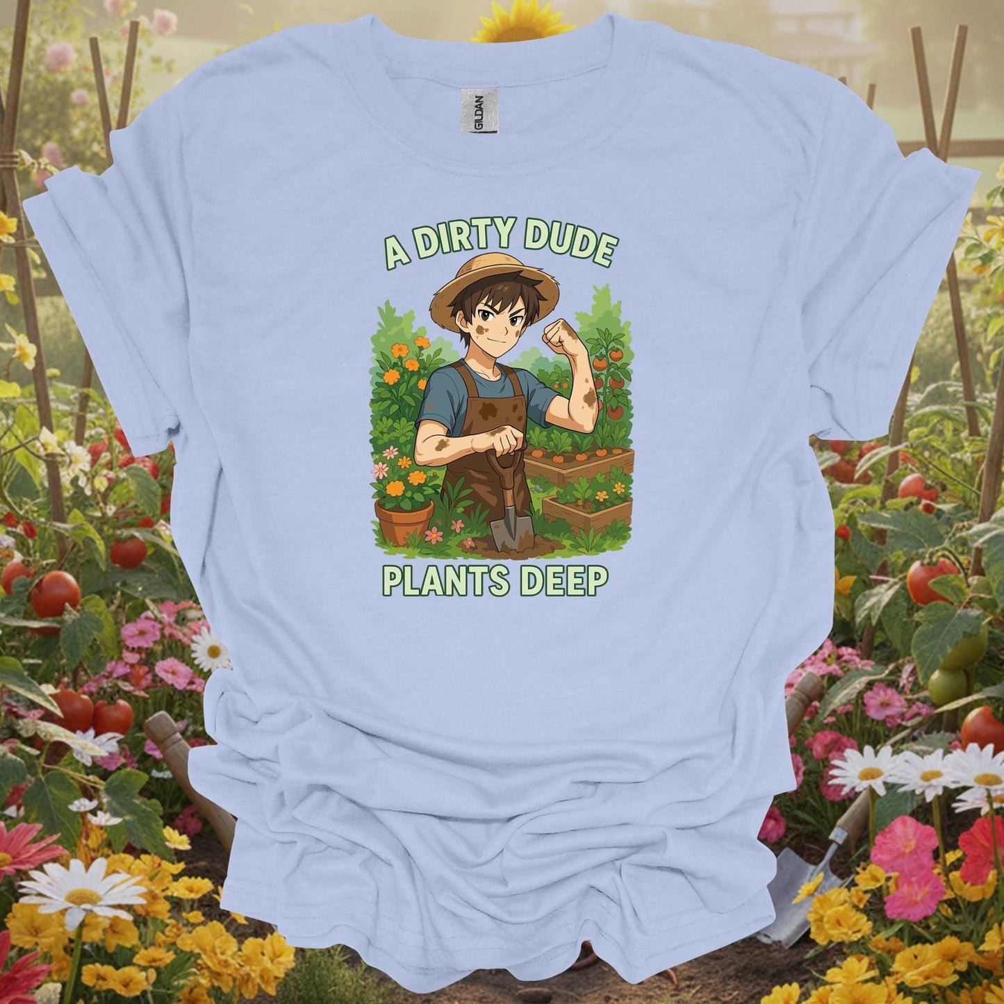 Light Blue gardening shirt with anime vegetable gardener digging deep for vegetable gardeners, homesteaders, dirty hands garden crew