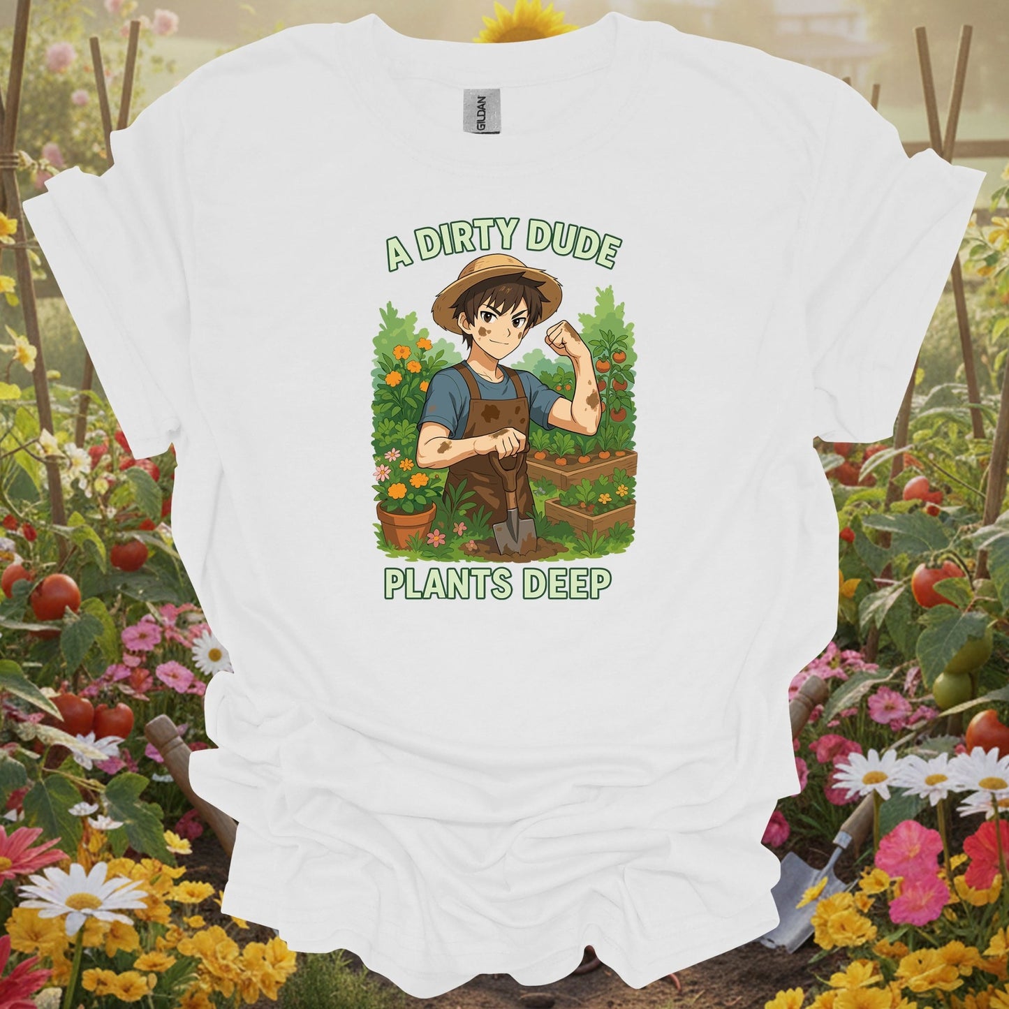 White gardening shirt with anime vegetable gardener digging deep for vegetable gardeners, homesteaders, dirty hands garden crew