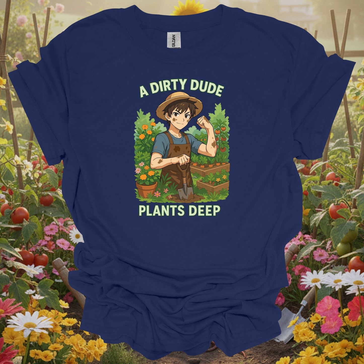 Navy gardening shirt with anime vegetable gardener digging deep for vegetable gardeners, homesteaders, dirty hands garden crew
