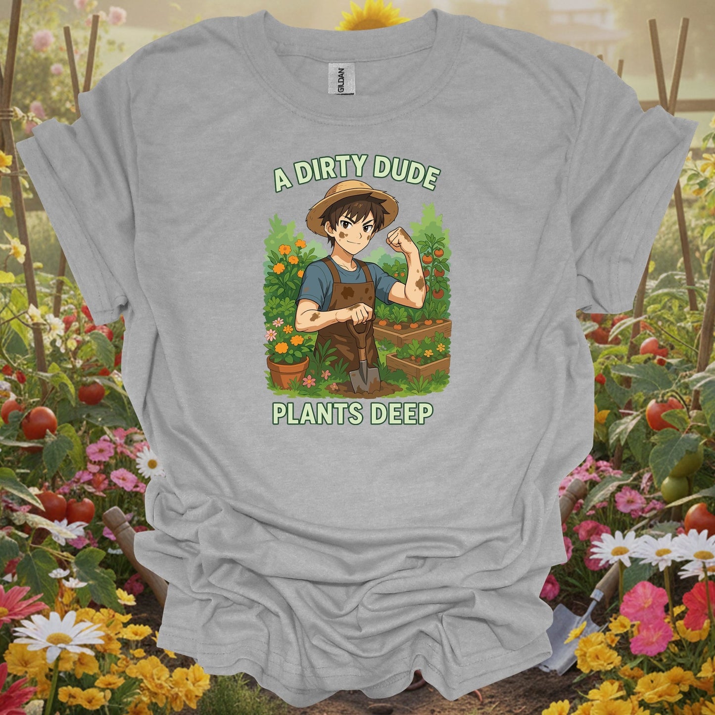 Sport Grey gardening shirt with anime vegetable gardener digging deep for vegetable gardeners, homesteaders, dirty hands garden crew