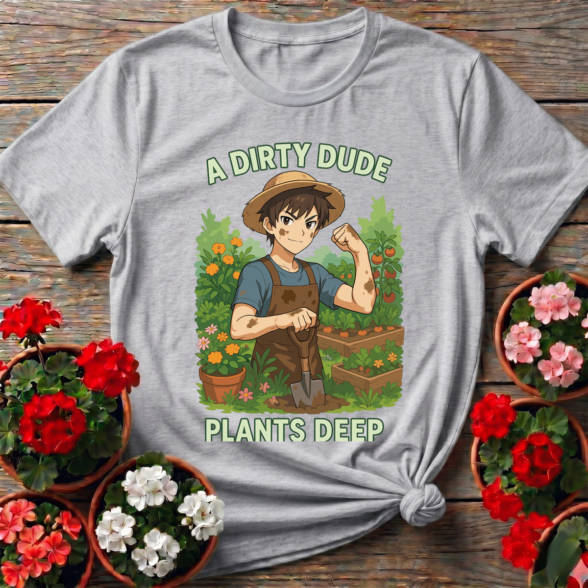 A Dirty Dude Plants Deep Anime Style Vegetable Gardener Statement T-Shirt - GardeningTshirts