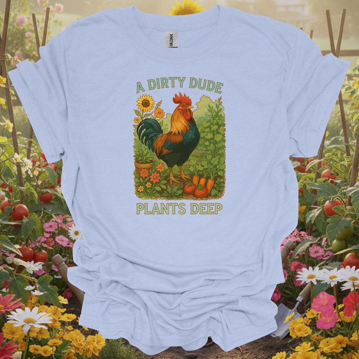 Light Blue shirt showing dapper rooster farm statement with masculine garden style for dapper growers