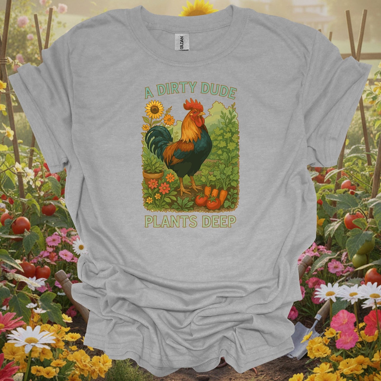 Sport Grey tee showing dapper rooster farm statement with masculine garden style for people who keep chickens
