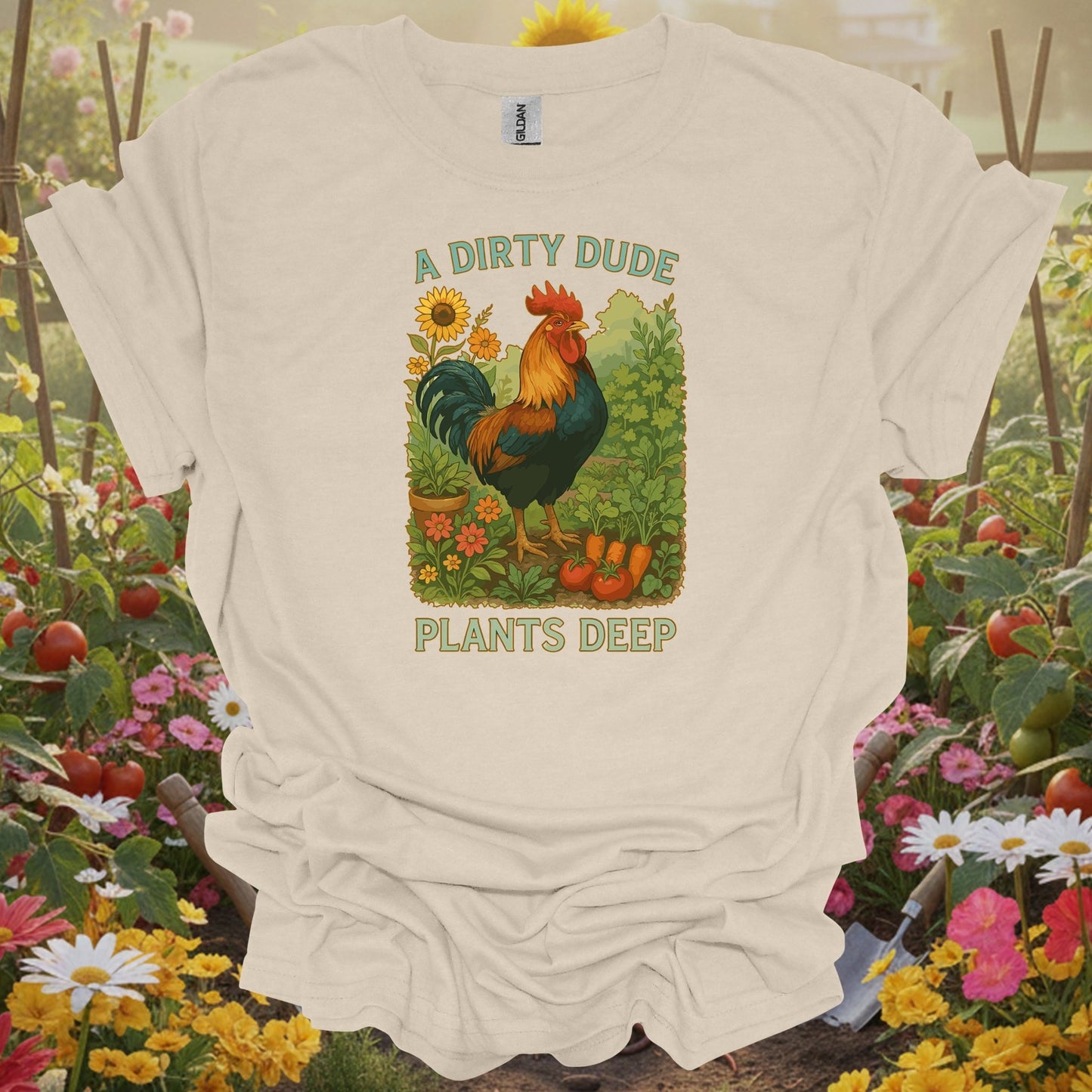 Natural tshirt showing dapper rooster farm statement with masculine garden style for backyard farmers