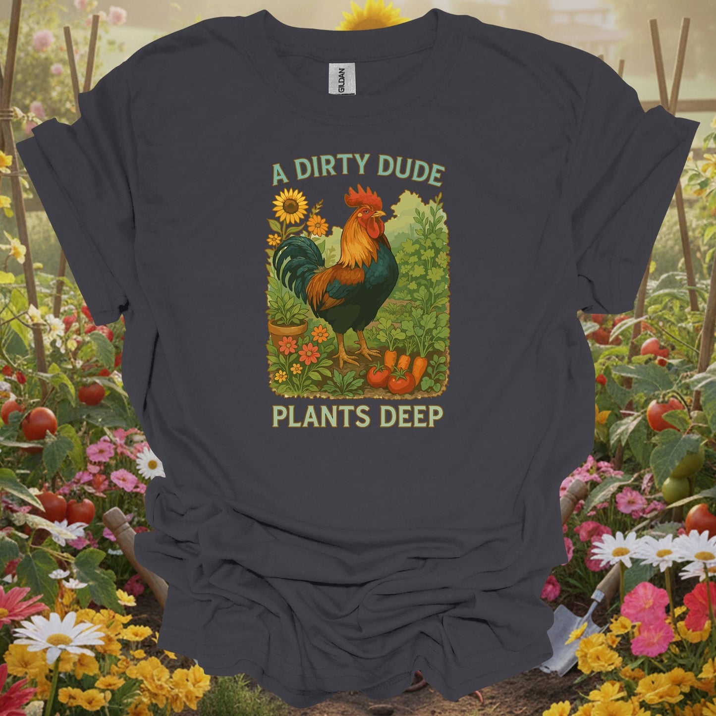 Charcoal tee showing dapper rooster farm statement with masculine garden style for rooster lovers