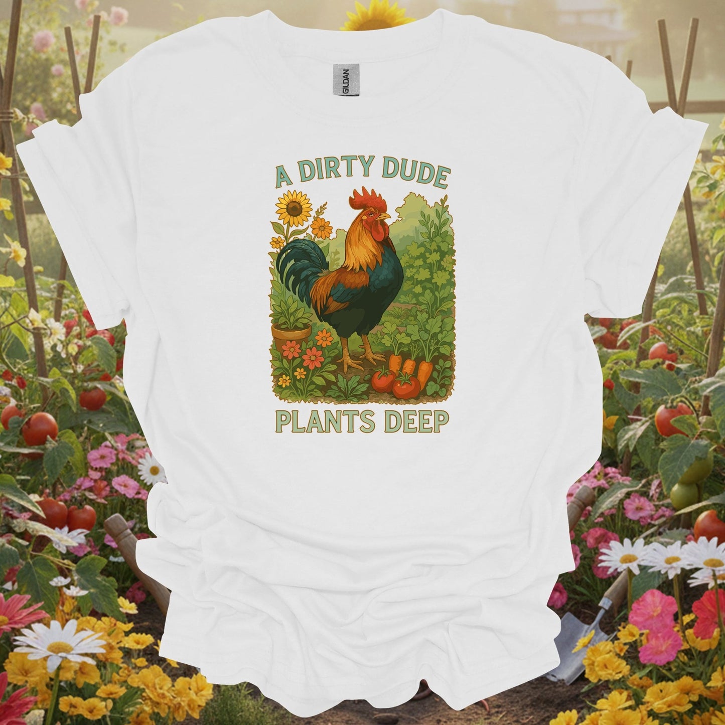 White shirt showing dapper rooster farm statement with masculine garden style for farm-to-table advocates