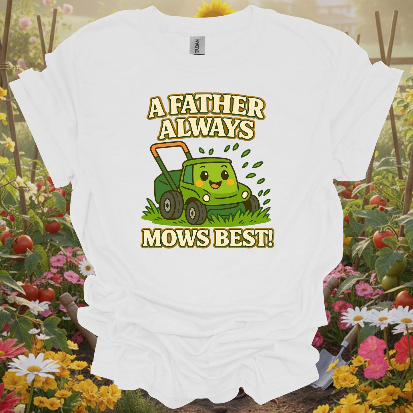 White shirt showing a father always mows best kawaii dad for outdoor enthusiasts