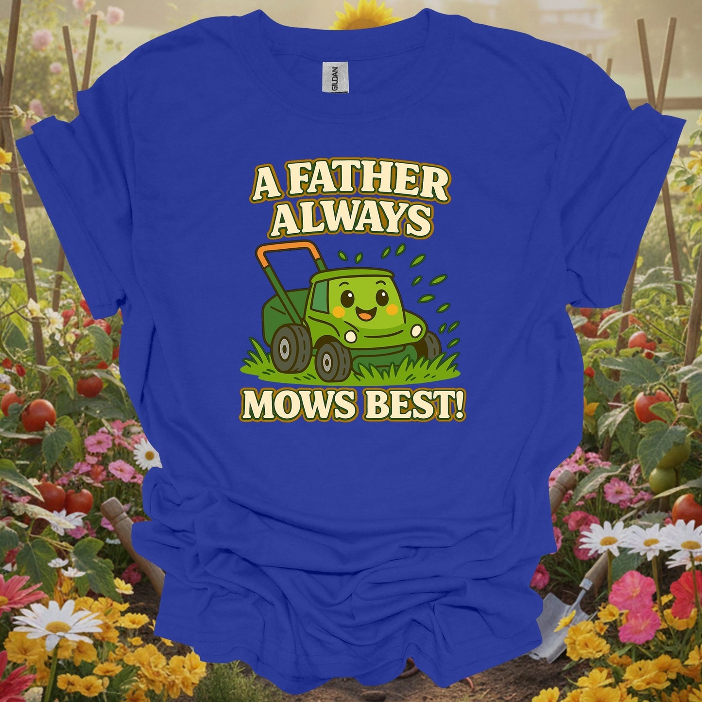 Royal tshirt showing a father always mows best kawaii dad for backyard growers