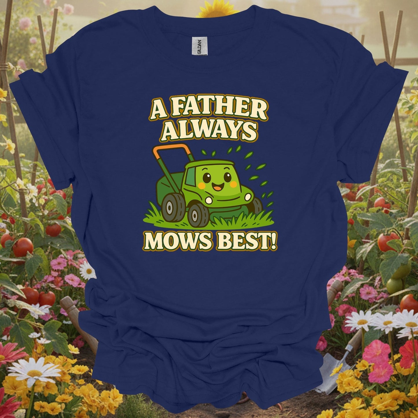 Navy top showing a father always mows best kawaii dad for green thumb folks