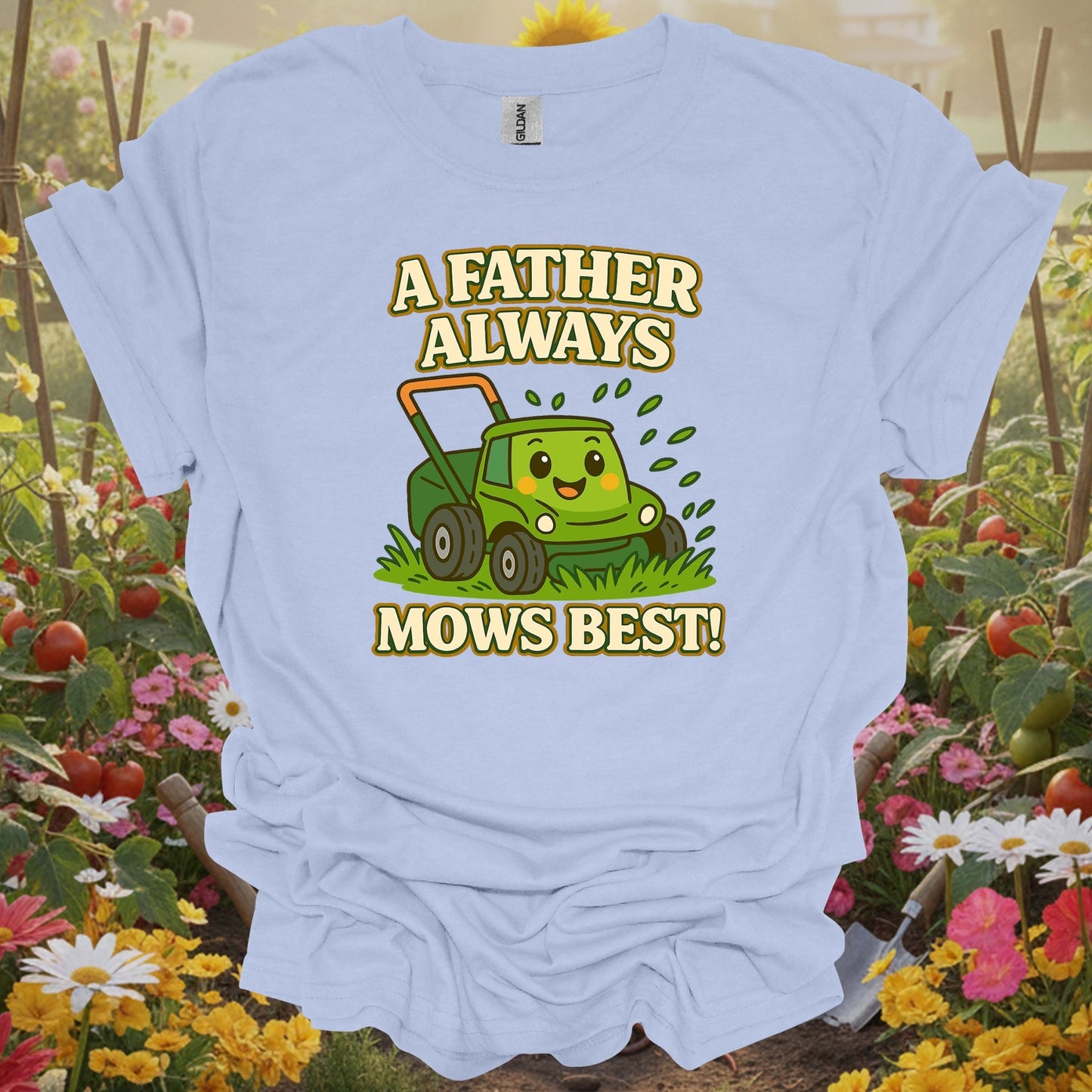 Light Blue shirt showing a father always mows best kawaii dad for home gardeners
