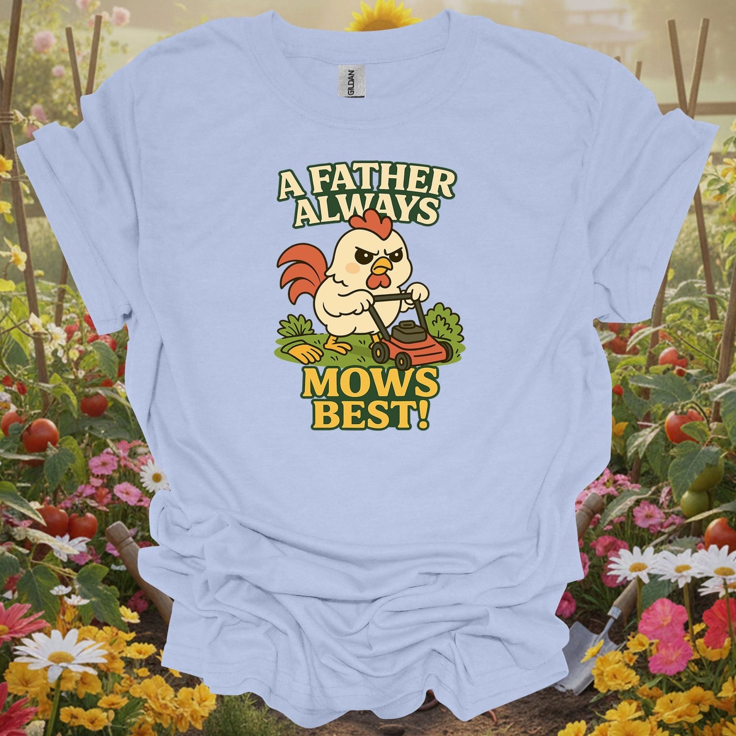 Light Blue shirt showing a father always mows best funny rooster for home gardeners