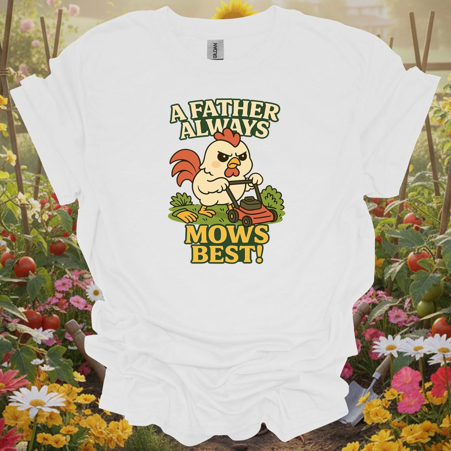 White tee showing a father always mows best funny rooster for garden hobbyists