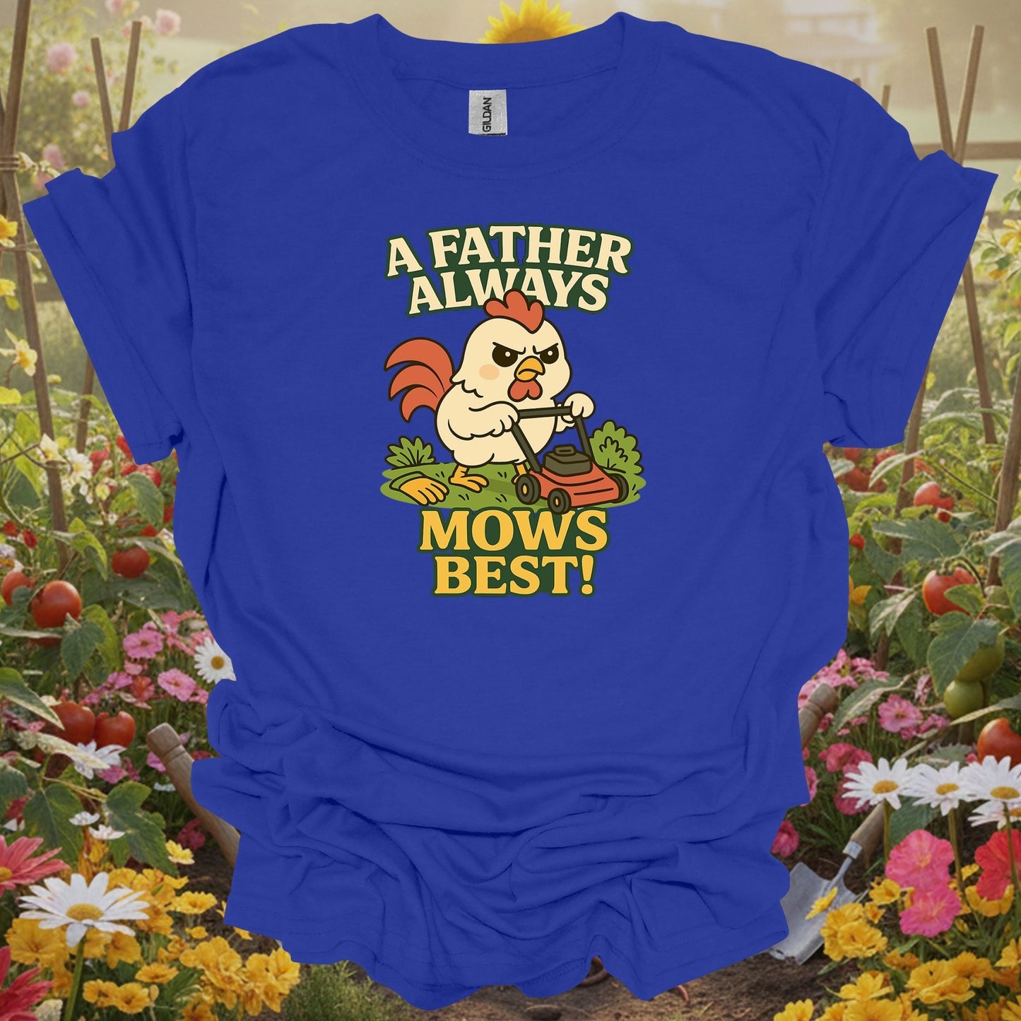 Royal tshirt showing a father always mows best funny rooster for backyard growers