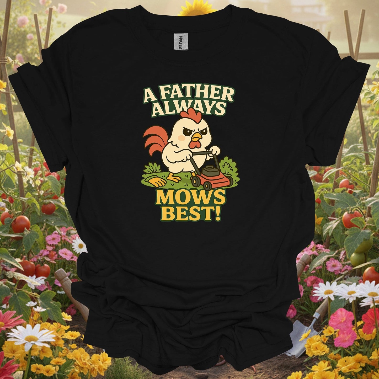Black shirt showing a father always mows best funny rooster for outdoor enthusiasts