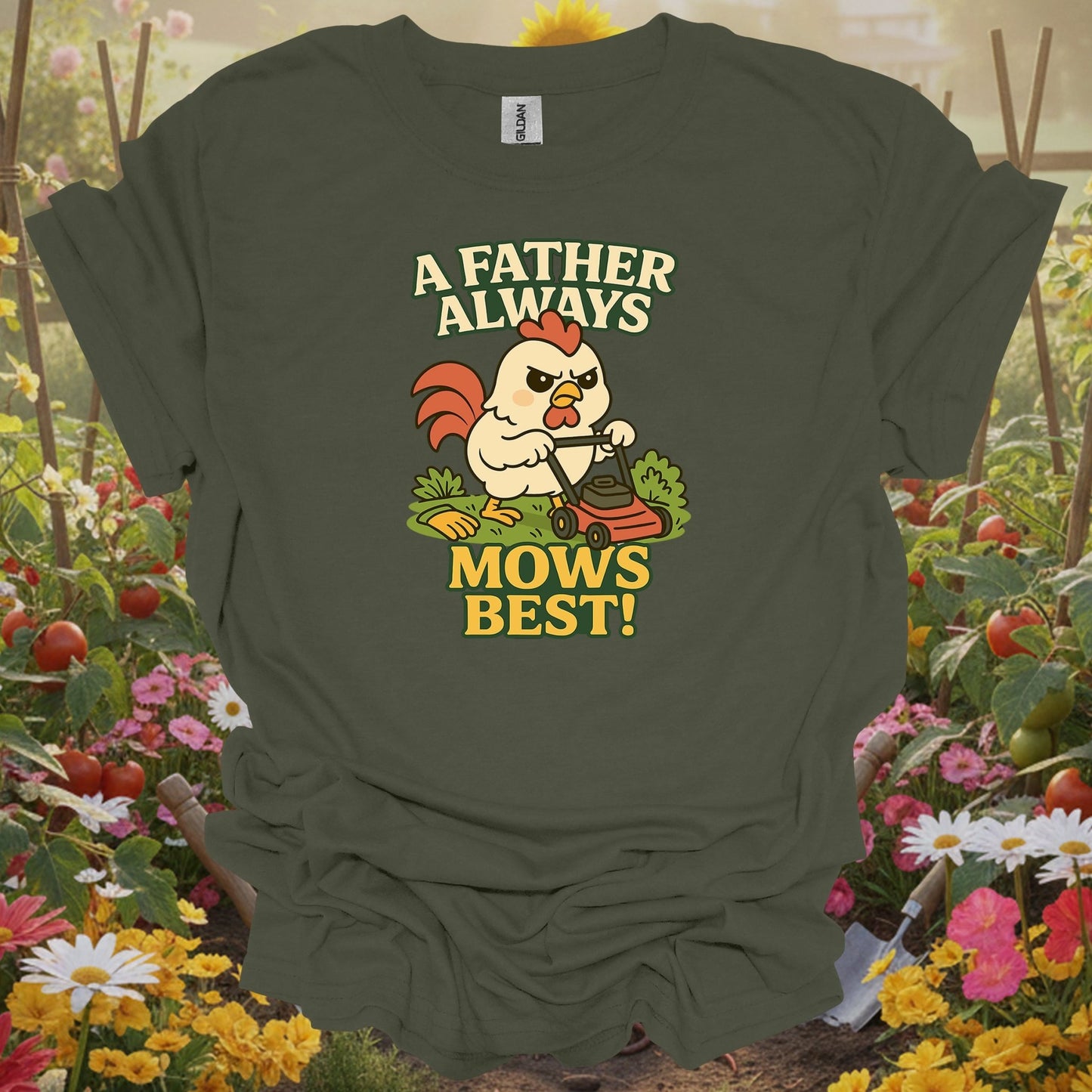 Military Green top showing a father always mows best funny rooster for nature lovers