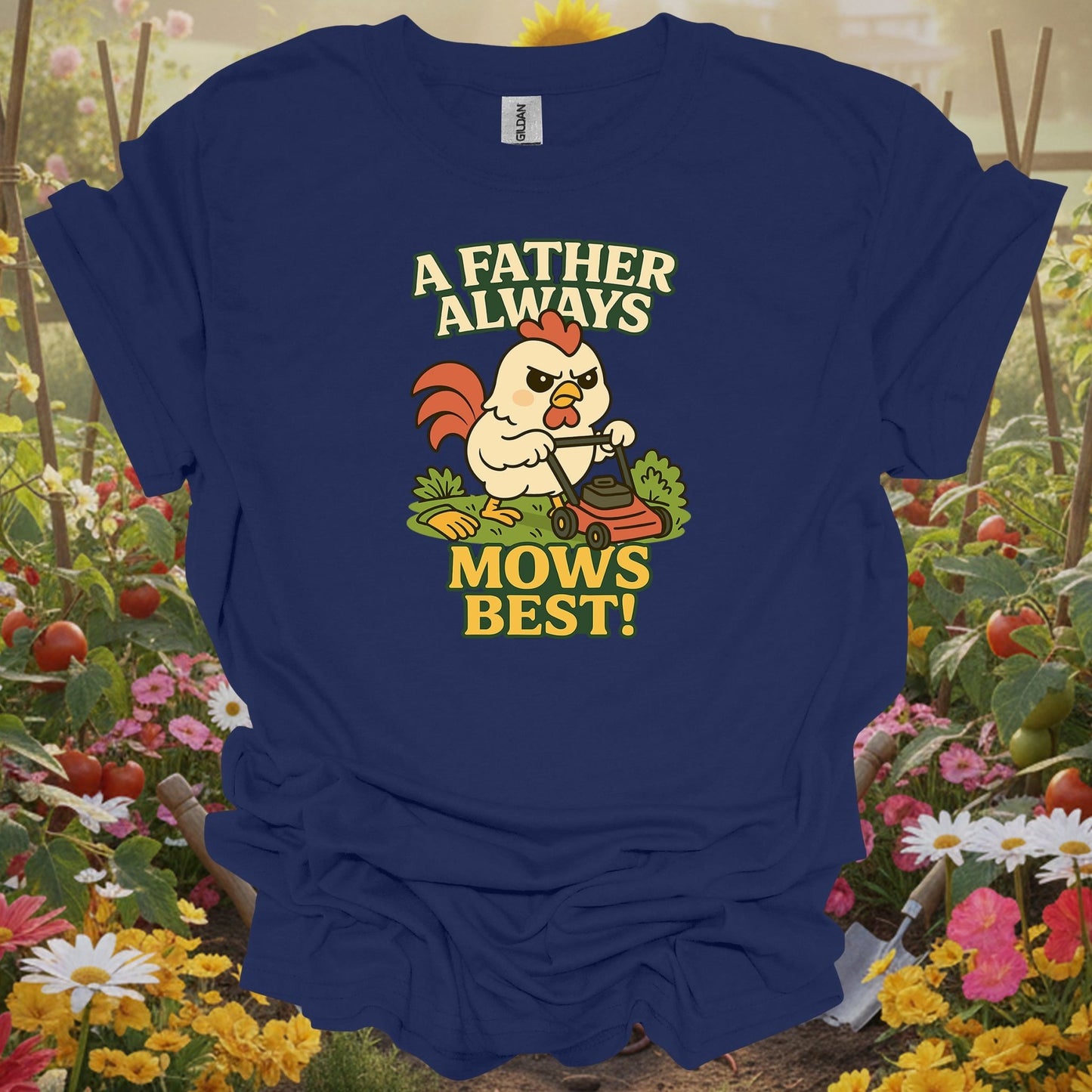 Navy top showing a father always mows best funny rooster for green thumb folks
