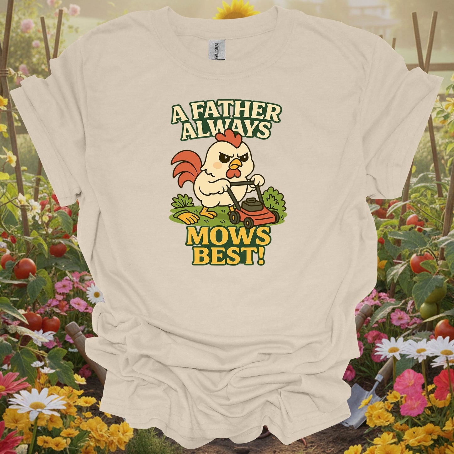 Natural tshirt showing a father always mows best funny rooster for people who love plants