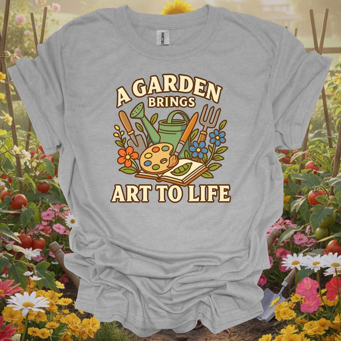 Sport Grey tee showing colorful painterly garden brings art to life design for folks inspired by nature