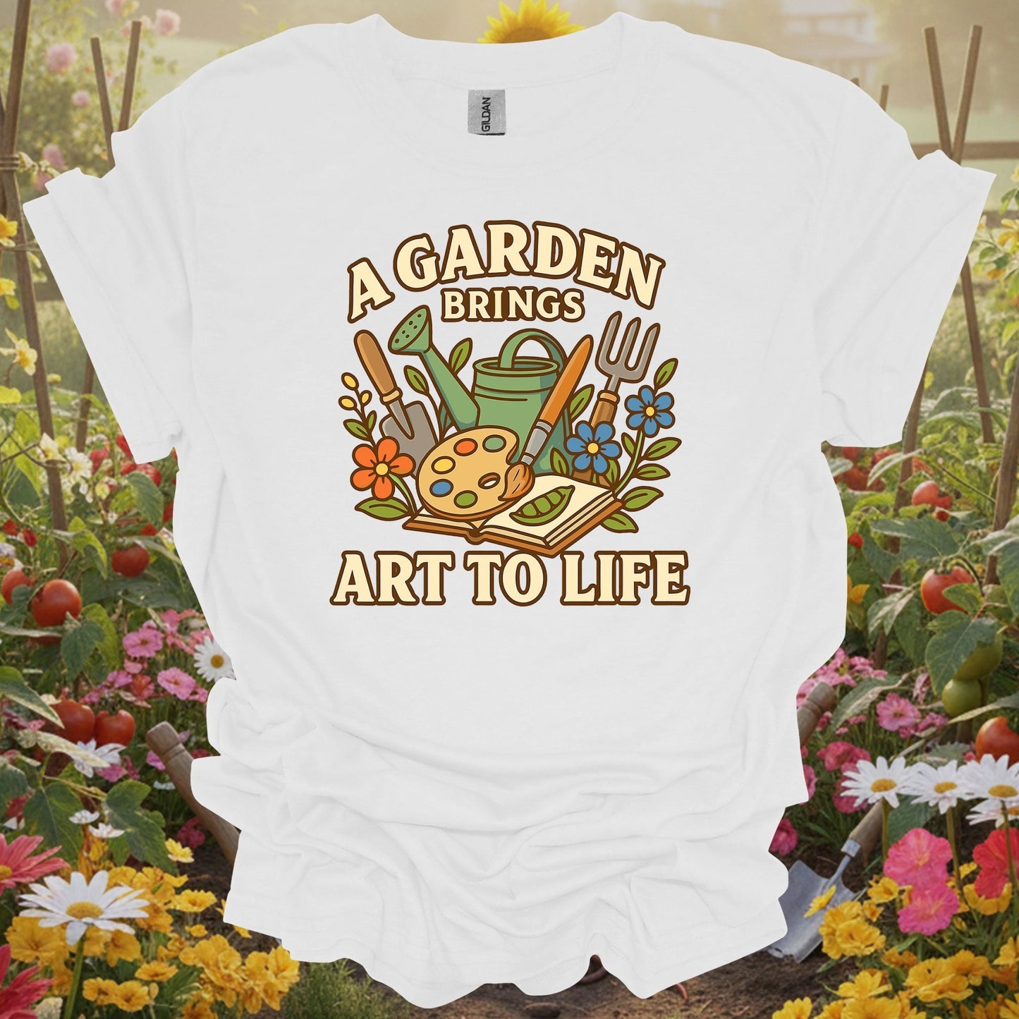 White shirt showing colorful painterly garden brings art to life design for garden artists