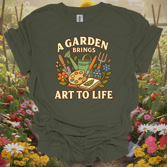 Military Green tshirt showing colorful painterly garden brings art to life design for artistic gardeners