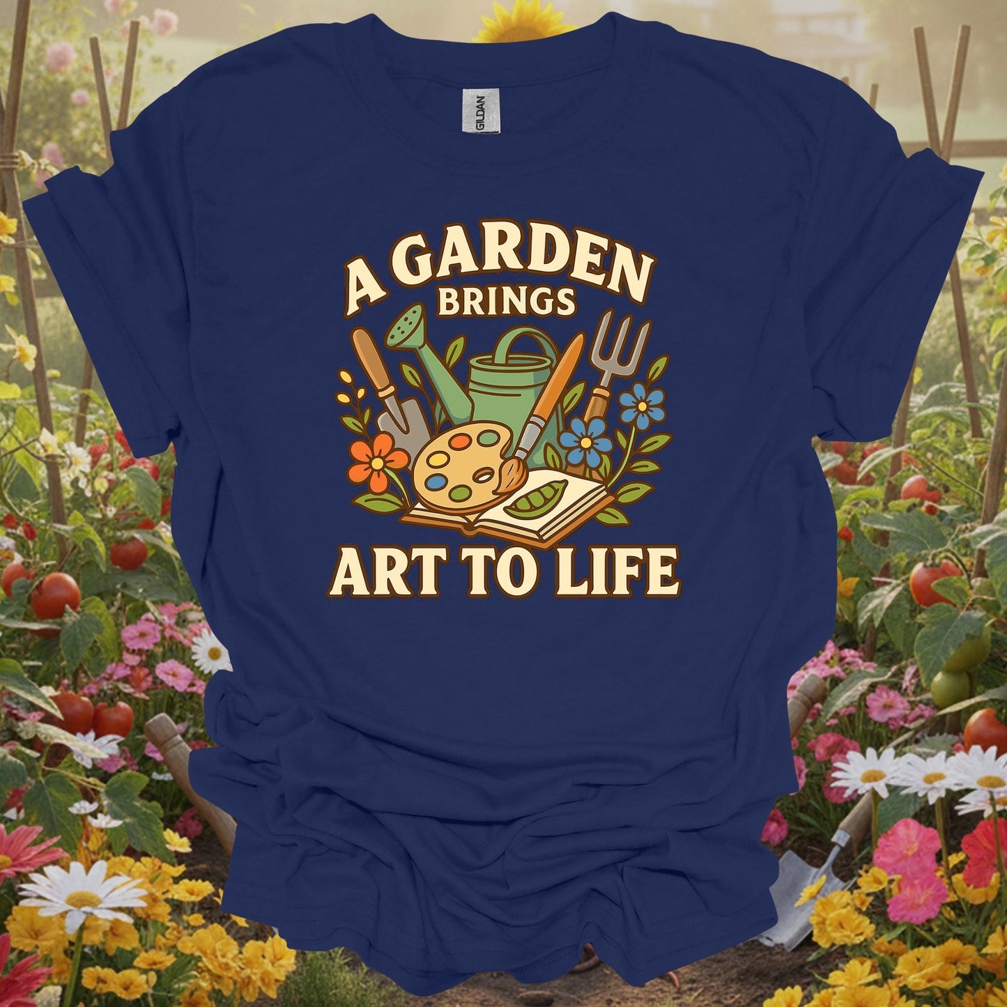 Navy top showing colorful painterly garden brings art to life design for painters who garden