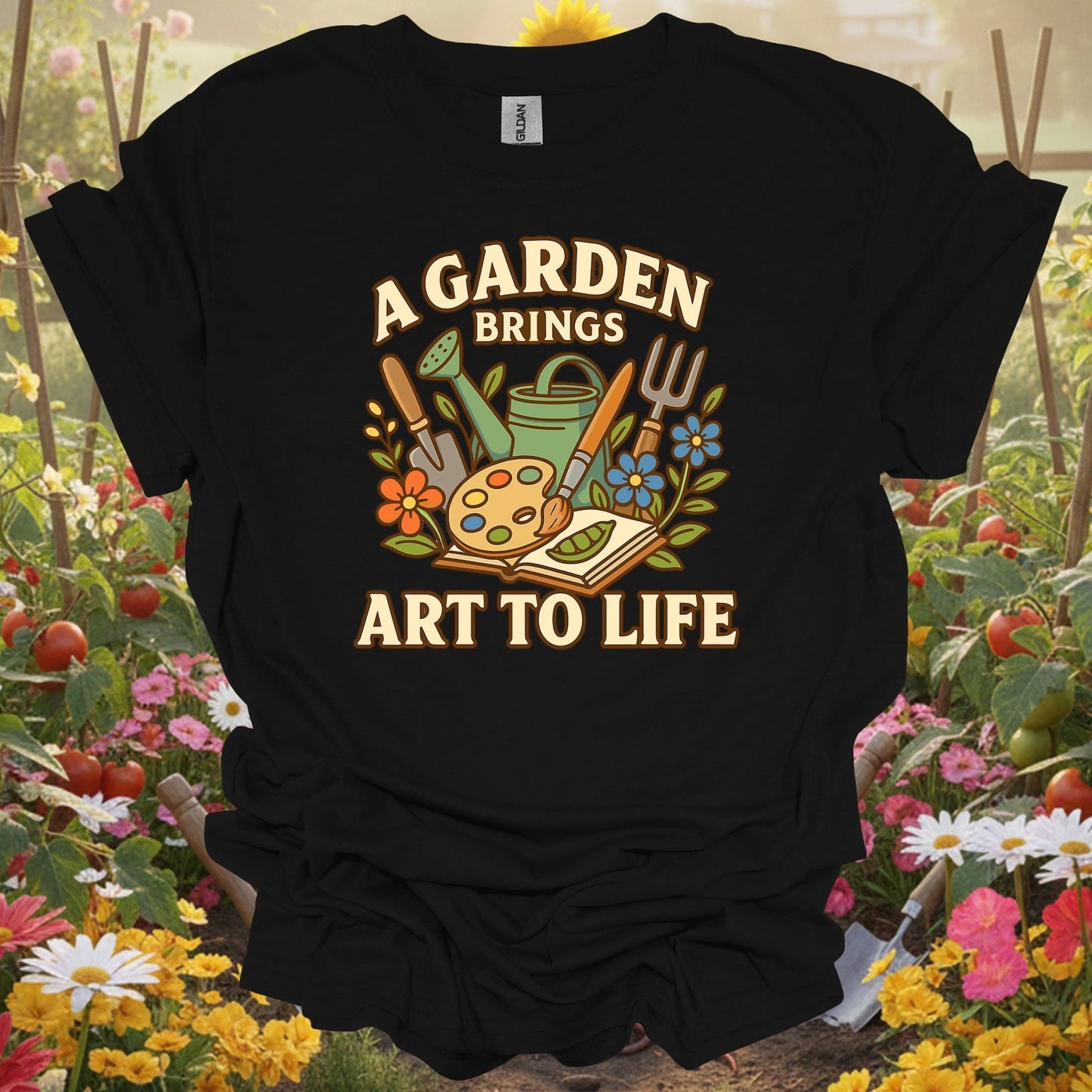 Black top showing colorful painterly garden brings art to life design for people cultivating beauty