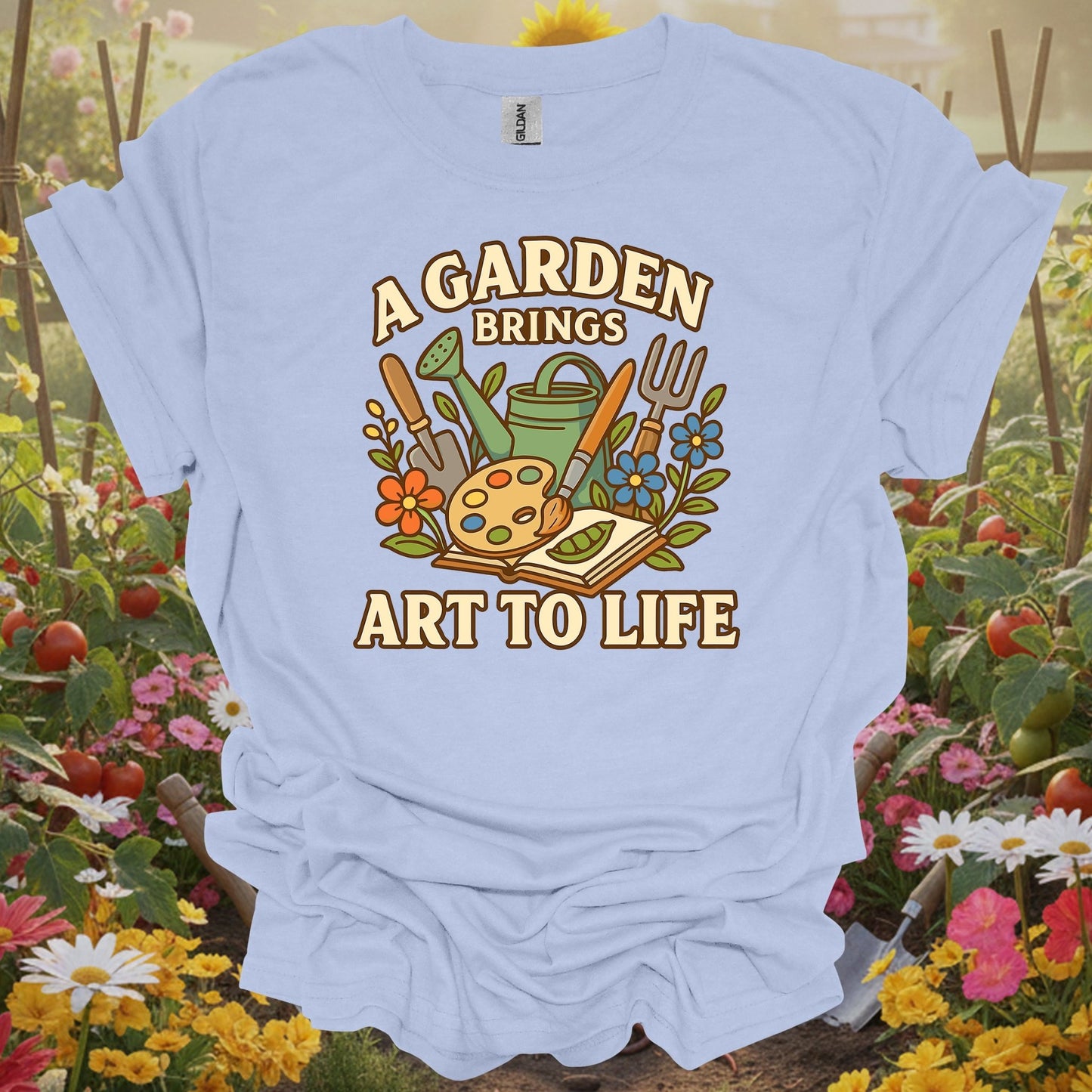Light Blue shirt showing colorful painterly garden brings art to life design for creative growers