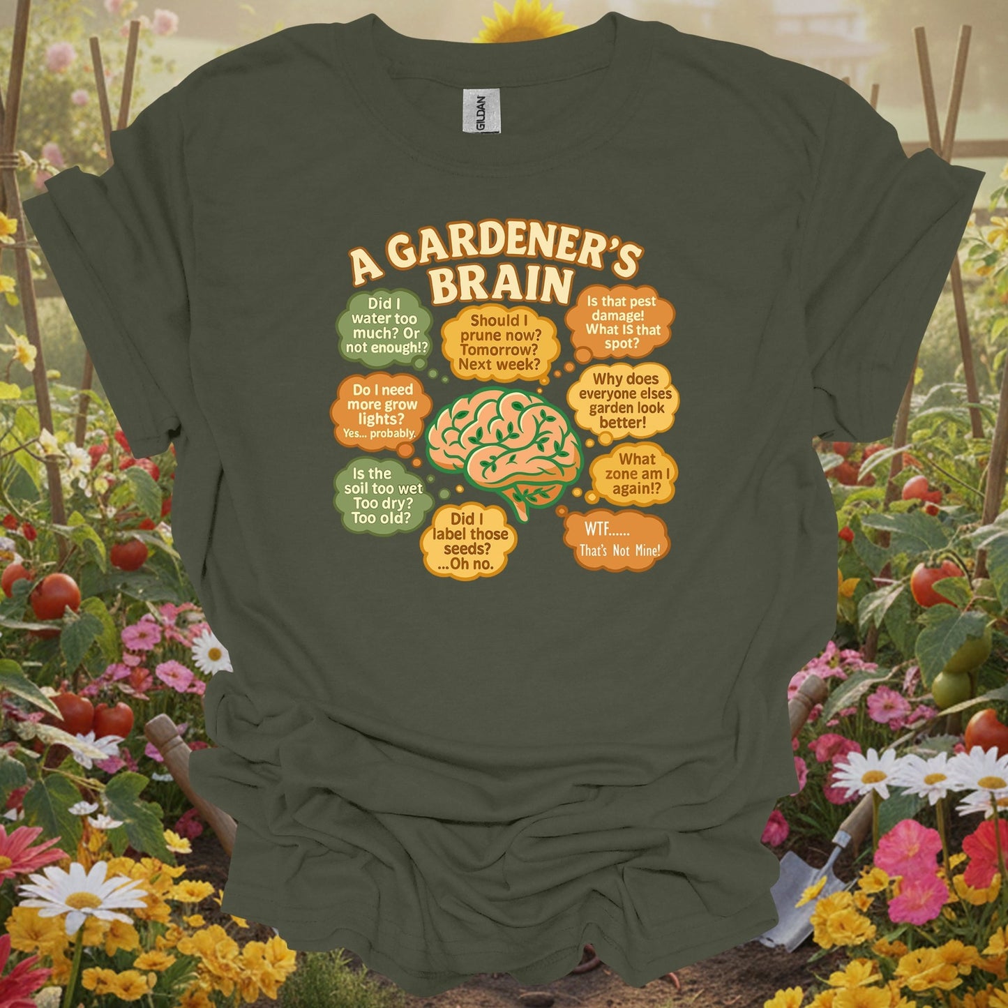 Military Green top showing a gardeners brain funny overthinking plant for nature lovers