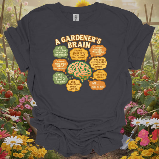 Charcoal tee showing a gardeners brain funny overthinking plant for plant lovers
