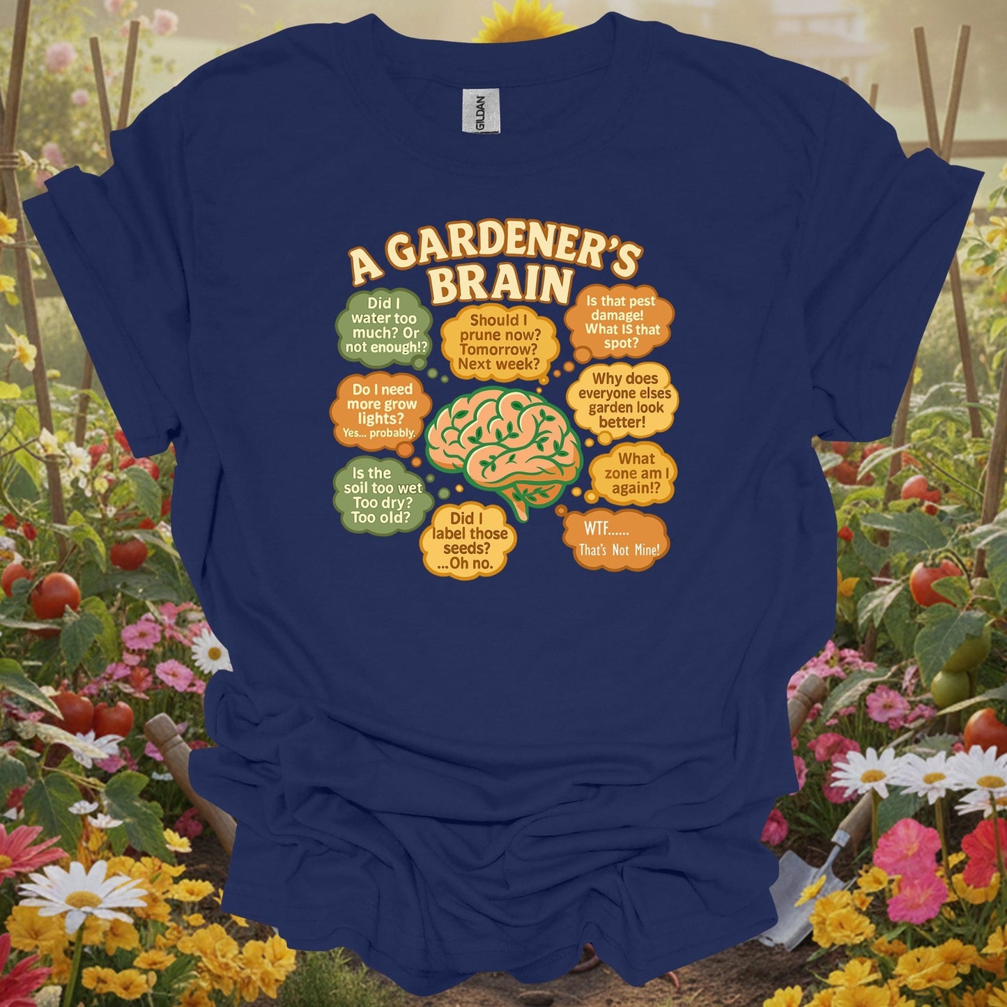 Navy top showing a gardeners brain funny overthinking plant for green thumb folks
