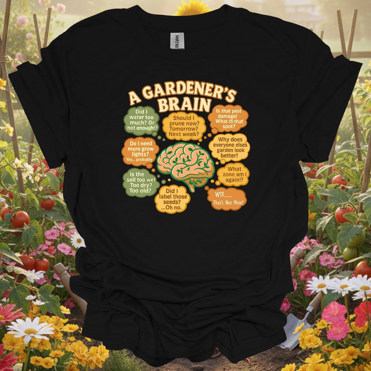 Black tshirt showing a gardeners brain funny overthinking plant for gardening enthusiasts