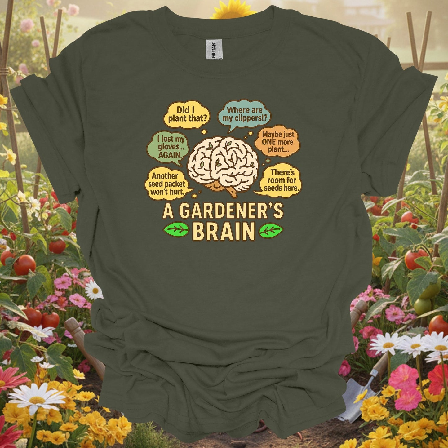 Military green a gardeners brain funny gardening shirt for overthinking gardeners, plant addicts, serious hobbyists, funny...