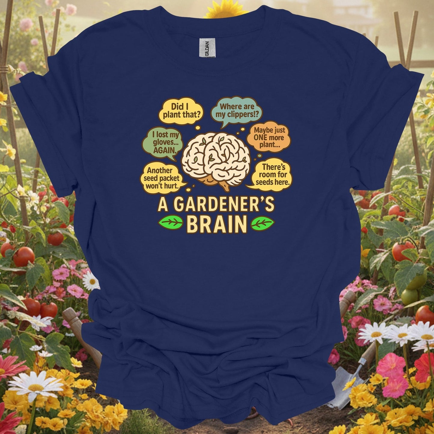 Navy blue a gardeners brain funny gardening shirt for overthinking gardeners, plant addicts, serious hobbyists, funny plan...
