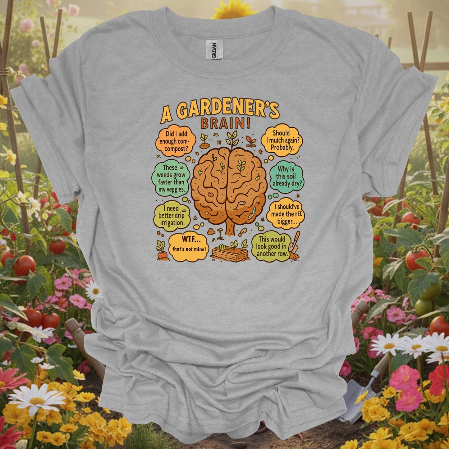 "A Gardener's Brain" Funny Raised Bed T-Shirt - GardeningTshirts