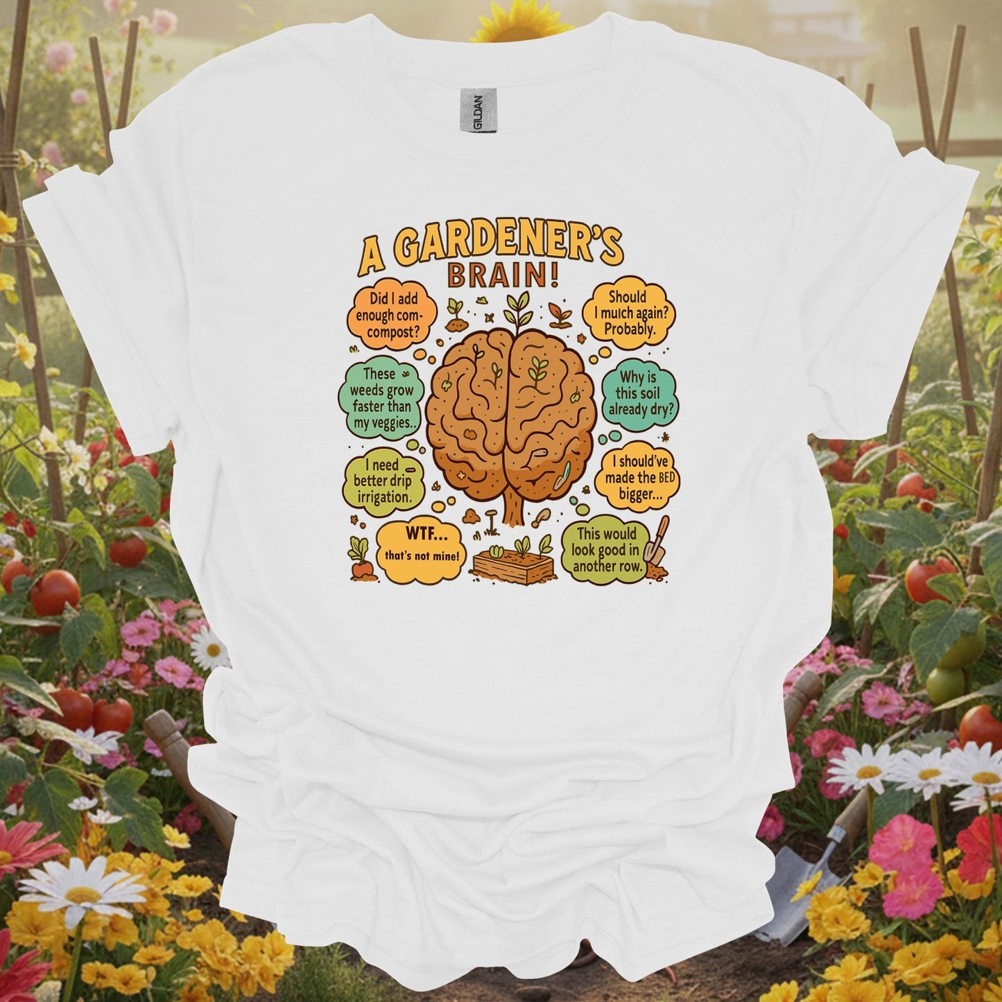 "A Gardener's Brain" Funny Raised Bed T-Shirt - GardeningTshirts