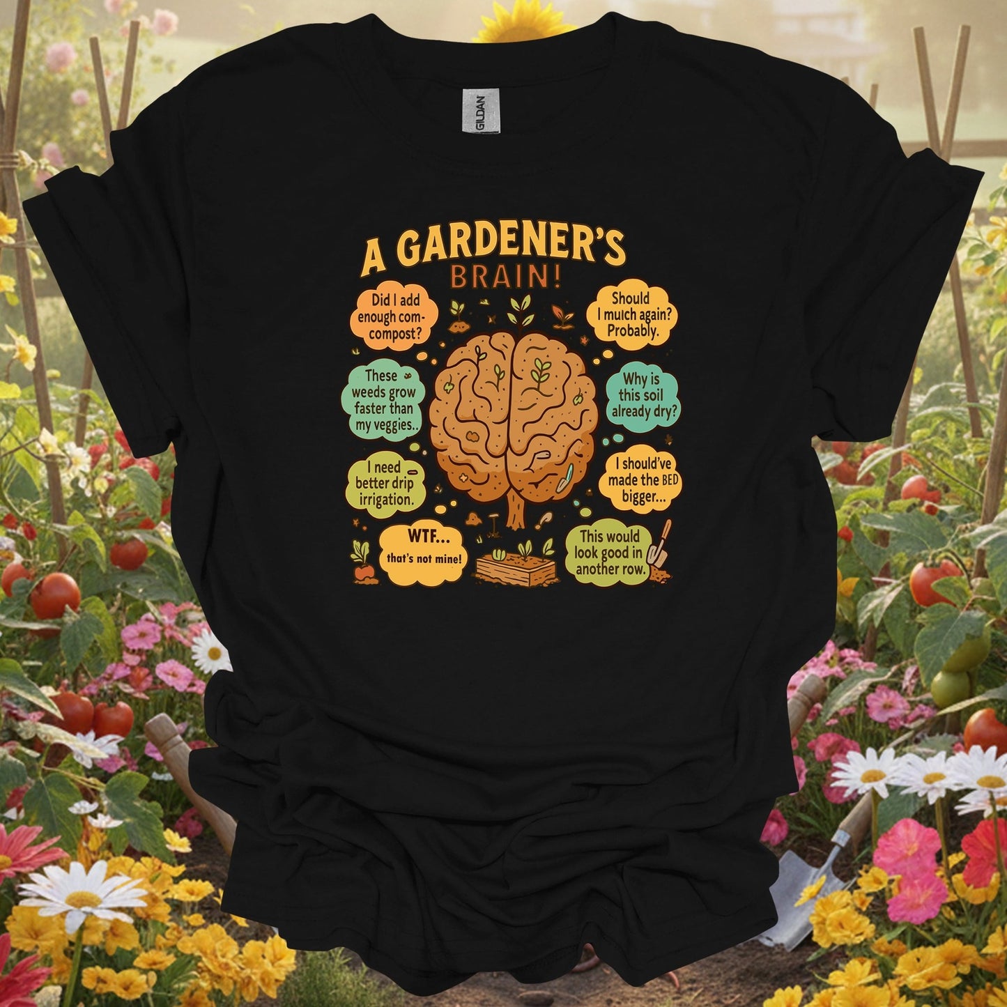 "A Gardener's Brain" Funny Raised Bed T-Shirt - GardeningTshirts